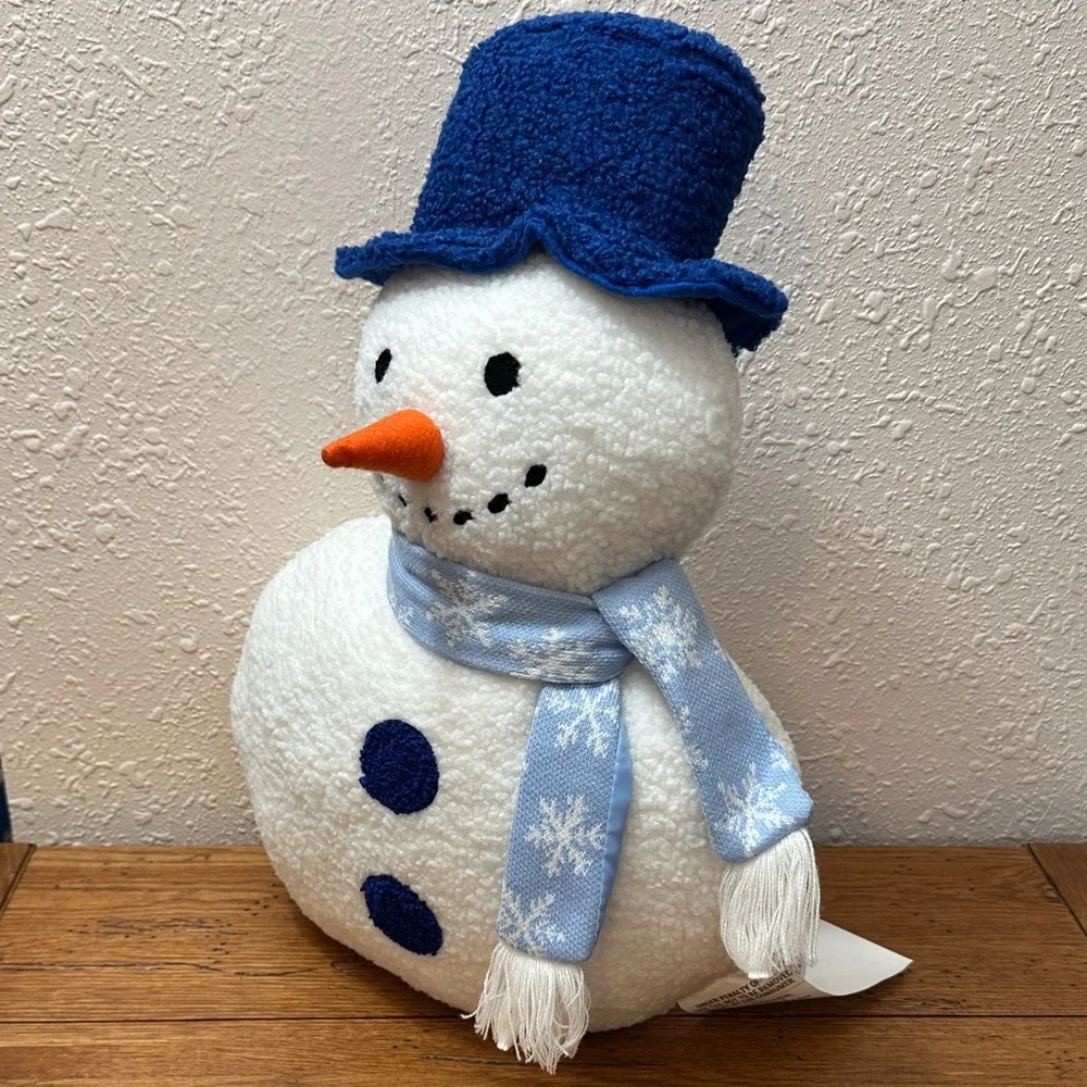 Festive Snowman Pillow with Blue Hat and Scarf